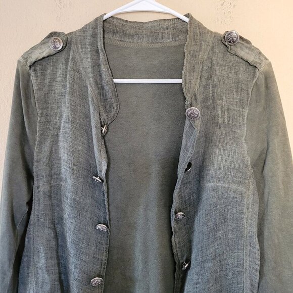 Womens Linen Blazer Duster Small Lightweight Military Grunge Retro Green Italy - Picture 2 of 7